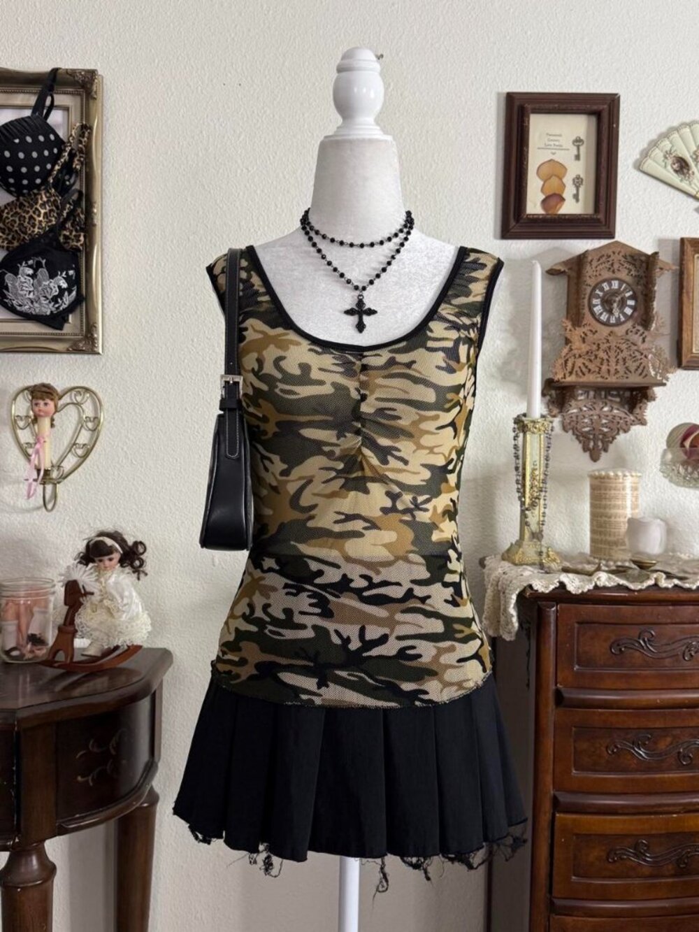 Y2k alt grunge mesh camo print sheer top